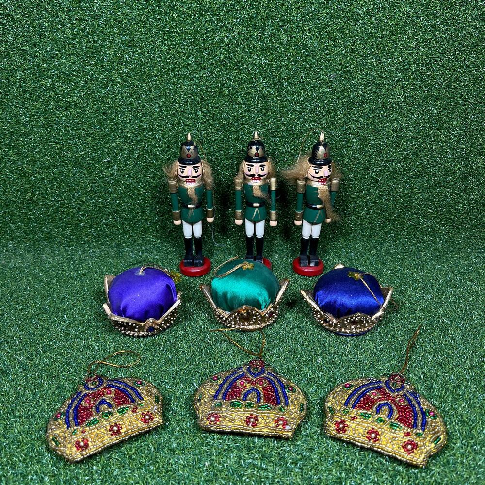 Vintage Lot Wooden Nutcracker Beaded Crown Velvet Crown Ornament